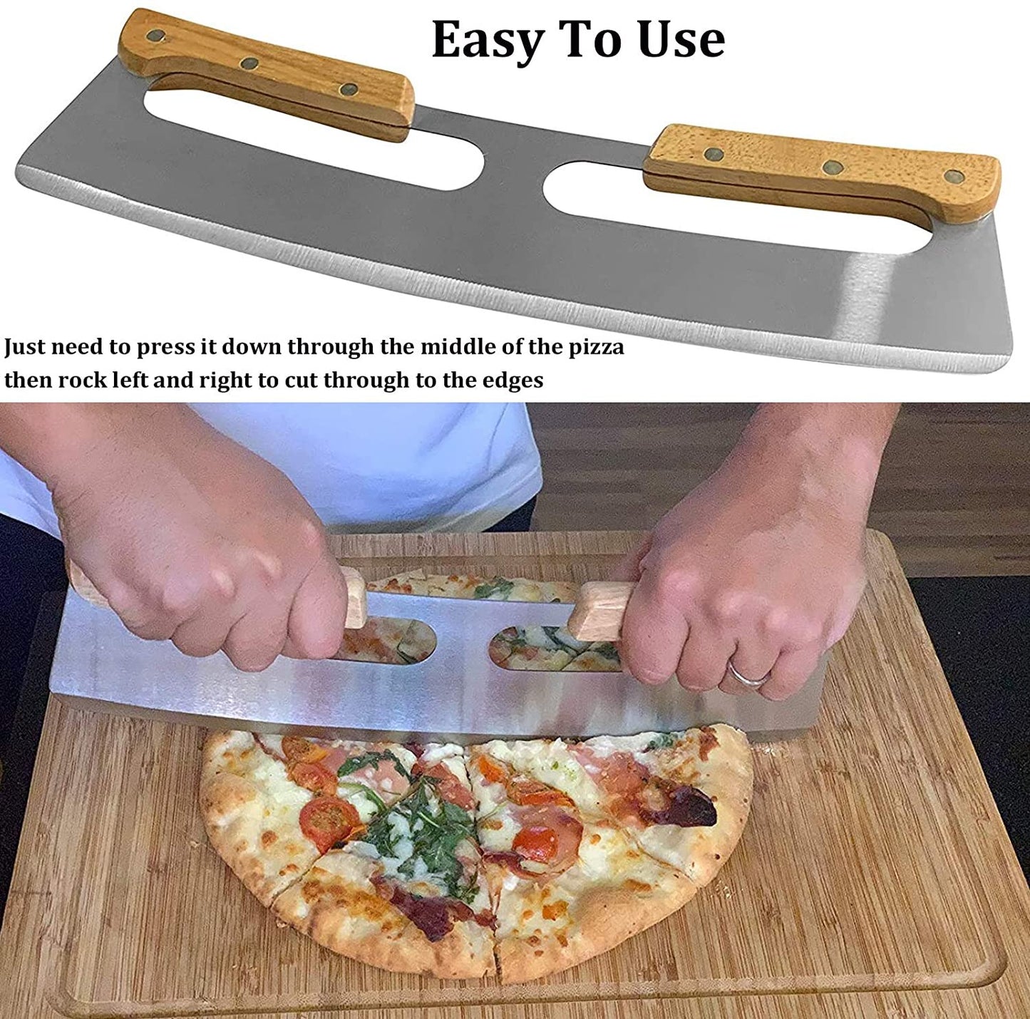 Pizza Cutter Rocker Stainless Steel with Double Wooden Handle 14 Inch Upgraded Sharp Pizza Slicer Knife Chopper with Blade Cover