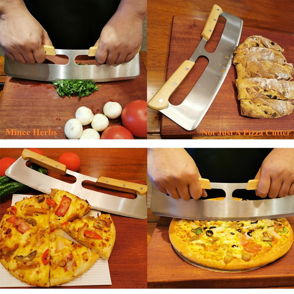 Pizza Cutter Rocker Stainless Steel with Double Wooden Handle 14 Inch Upgraded Sharp Pizza Slicer Knife Chopper with Blade Cover