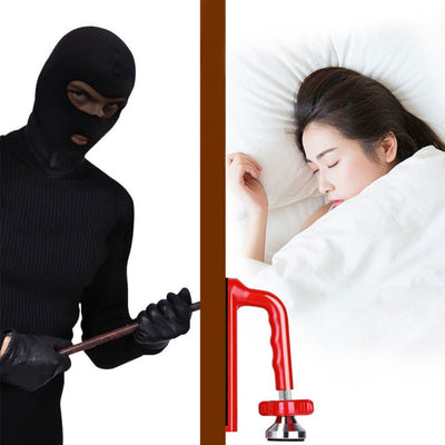 Man in black trying to break into lady's room but unable to because of door jammer