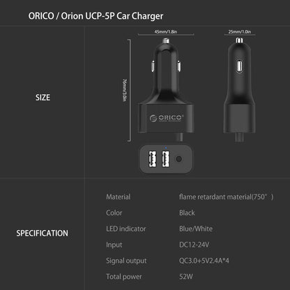 ORICO UCP-5P Portable 52W Car Charger