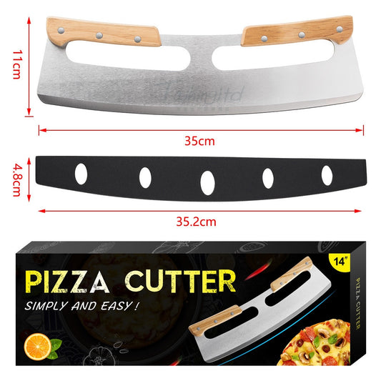 Pizza Cutter Rocker Stainless Steel with Double Wooden Handle 14 Inch Upgraded Sharp Pizza Slicer Knife Chopper with Blade Cover