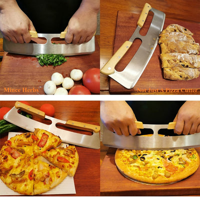 Pizza Cutter Rocker Stainless Steel with Double Wooden Handle 14 Inch Upgraded Sharp Pizza Slicer Knife Chopper with Blade Cover